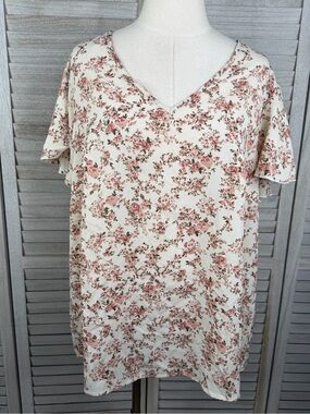 EMERY ROSE Women's Plus Size Cottage Floral Tulip Sleeve Blouse Cream & Pink-2XL